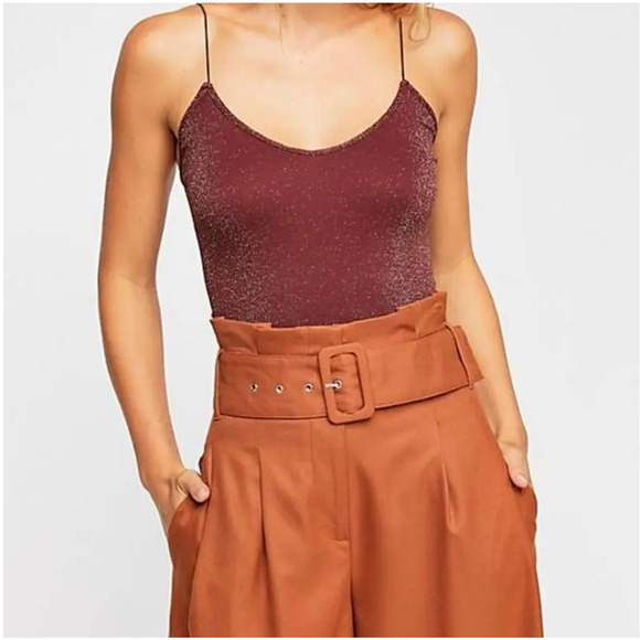 Free People Intimately Size XS/S Brami Crop Top Seamless Wine Red Lurex Strappy - Picture 2 of 7